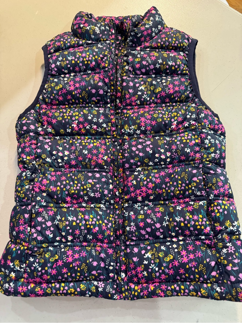 GAP Kids Navy Floral Puffer Vest with Pink & Yellow Accents